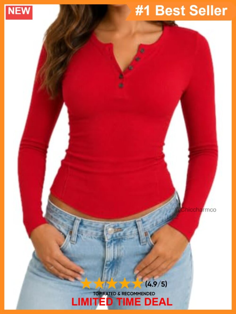 Women Long Sleeve Henley Shirt Slim Fit Ribbed Button Top